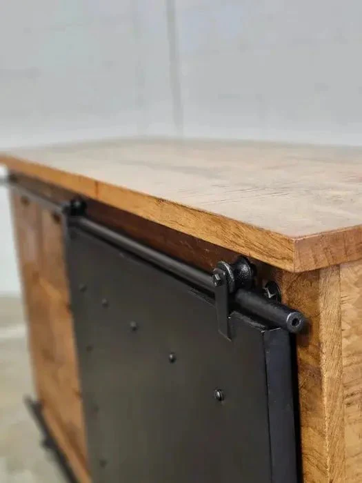 Buffet industriel en bois de manguier et acier noir sur roue avec 6 tiroirs et porte en acier coulissante - Image 10