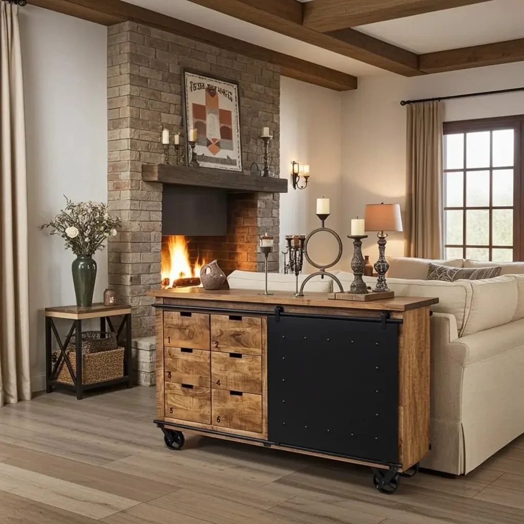 Buffet industriel en bois de manguier et acier noir sur roue avec 6 tiroirs et porte en acier coulissante - Image 2