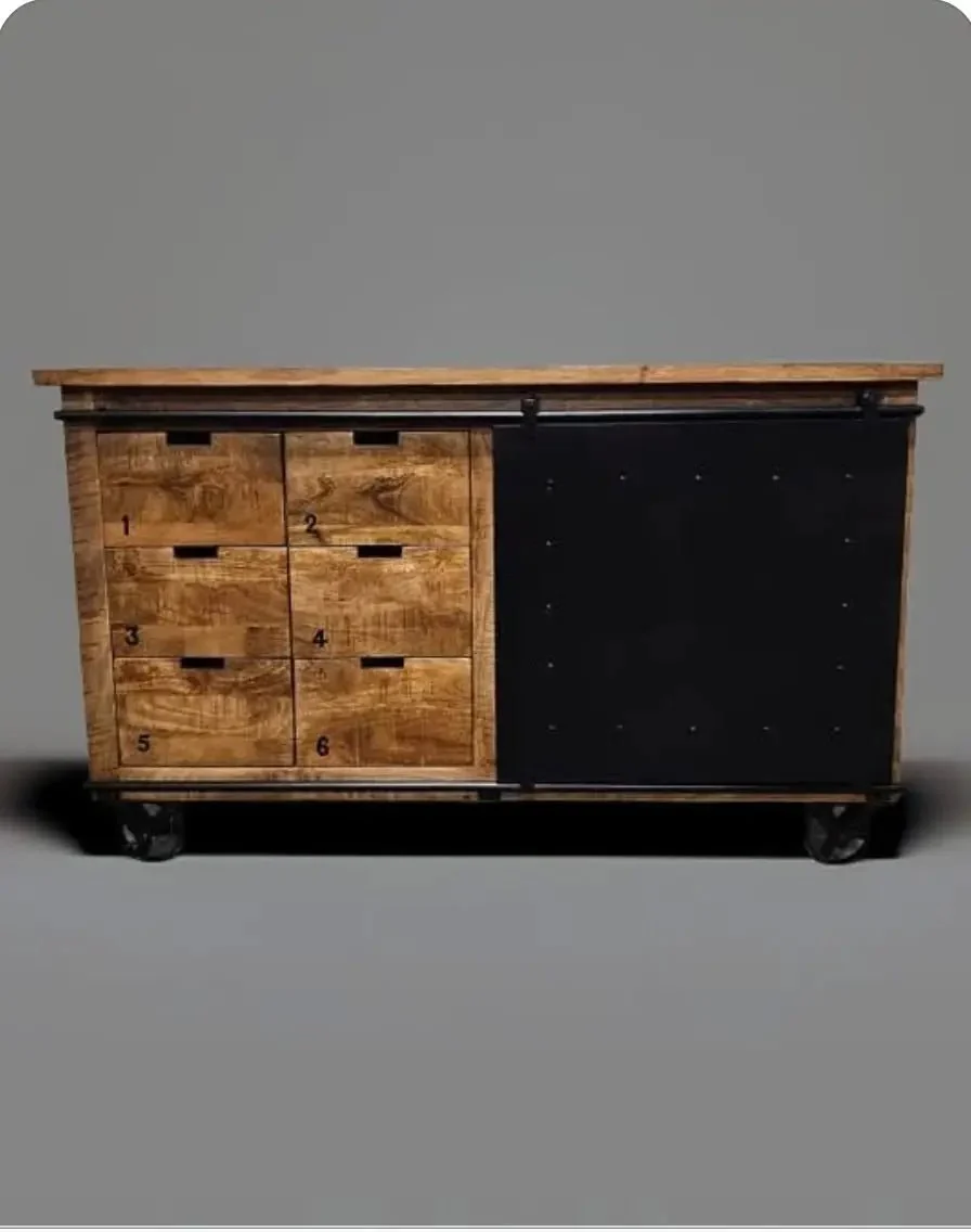 Buffet industriel en bois de manguier et acier noir sur roue avec 6 tiroirs et porte en acier coulissante - Image 5