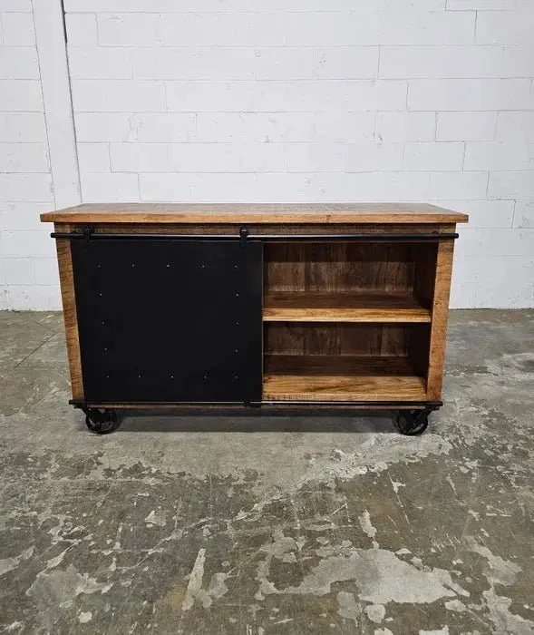 Buffet industriel en bois de manguier et acier noir sur roue avec 6 tiroirs et porte en acier coulissante - Image 6