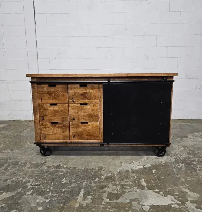 Buffet industriel en bois de manguier et acier noir sur roue avec 6 tiroirs et porte en acier coulissante - Image 7