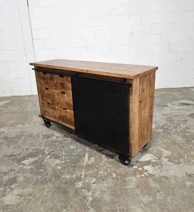 Buffet industriel en bois de manguier et acier noir sur roue avec 6 tiroirs et porte en acier coulissante - Image 8