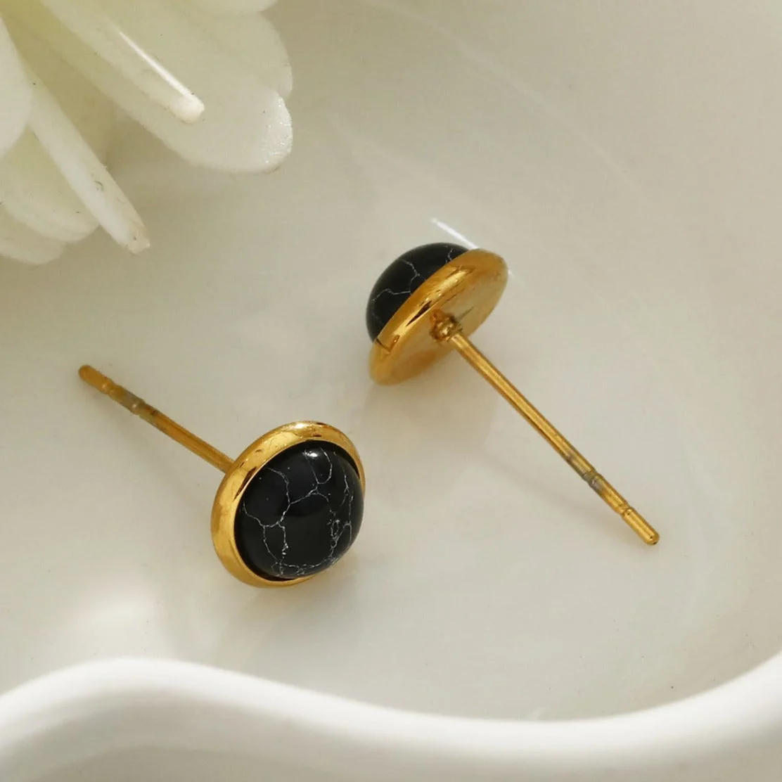 CECILIA Natural Stone Black Classic Stud Earrings - Image 4