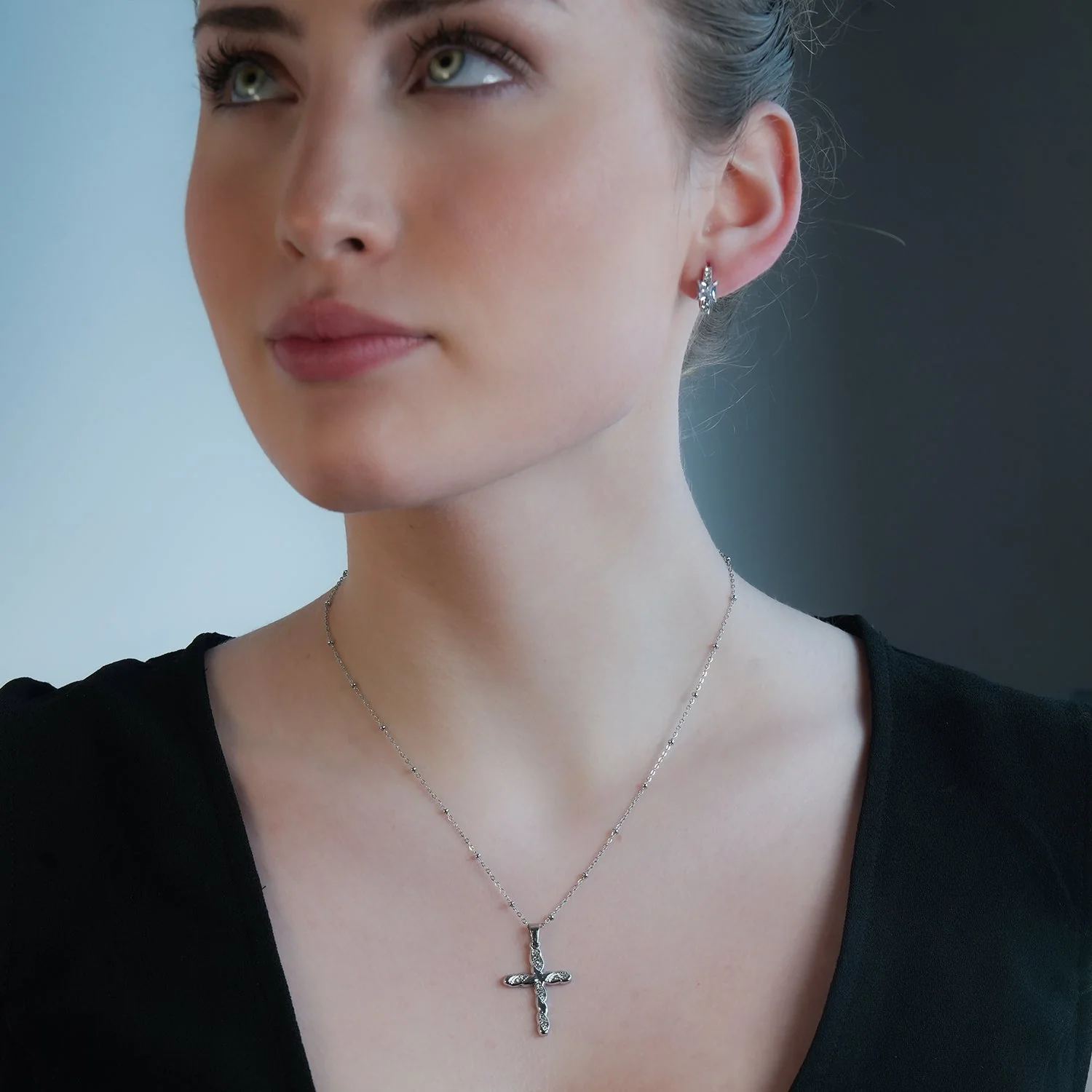 CHAMONIX Silver Toned White Gold: Dainty Beaded Chain Necklace with a Zirconia Embedded Textured Cross Pendent - Image 4