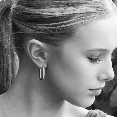 CHANDA White Gold (Silver Toned): Rounded Corners Rectangular Hoop Earrings - Image 2