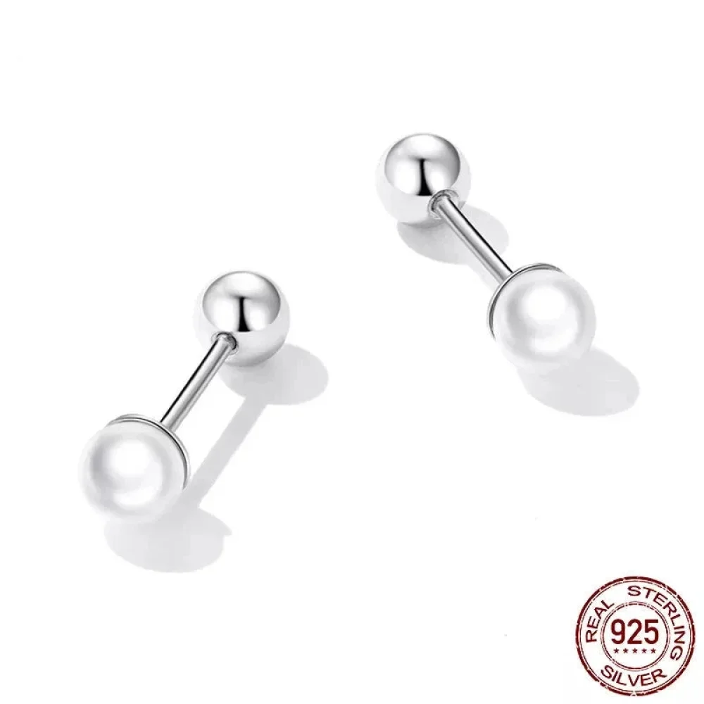 Charm And Elegance: 925 Sterling Silver Pearl Beads Screw Stud Earrings - Image 6