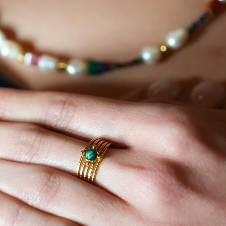 CHARMA: 5-Layer Circle Embossed Ring with a Malachite Stone Centre Piece - Image 3