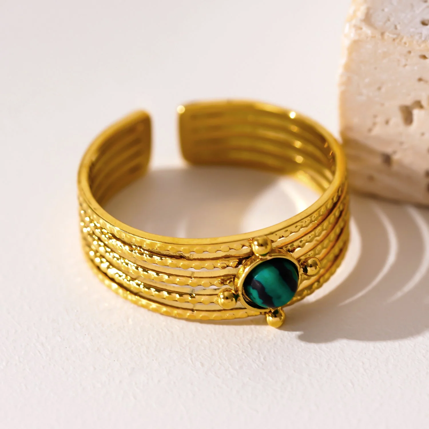 CHARMA: 5-Layer Circle Embossed Ring with a Malachite Stone Centre Piece - Image 6