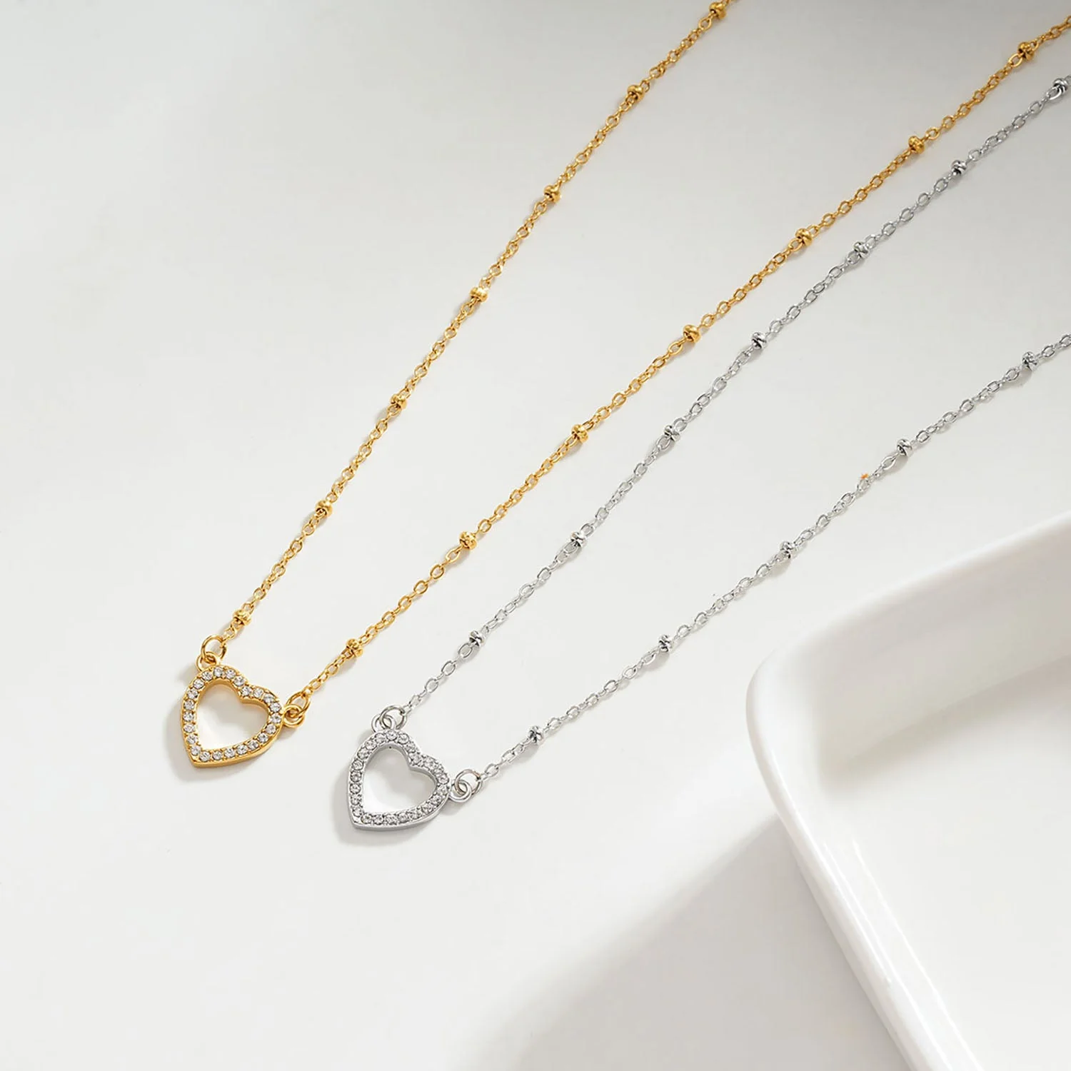 CHERISH Silver (White Gold): Beaded Chain Anchoring an Elegant Pavé Heart Charm Pendant - Image 6