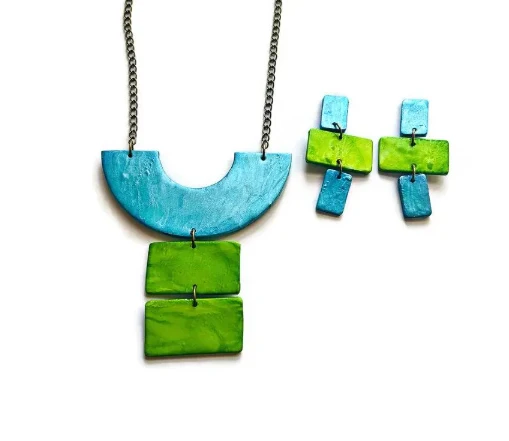 Chunky Geometric Statement Necklace, Post or Clip On Set – Handmade - Image 10