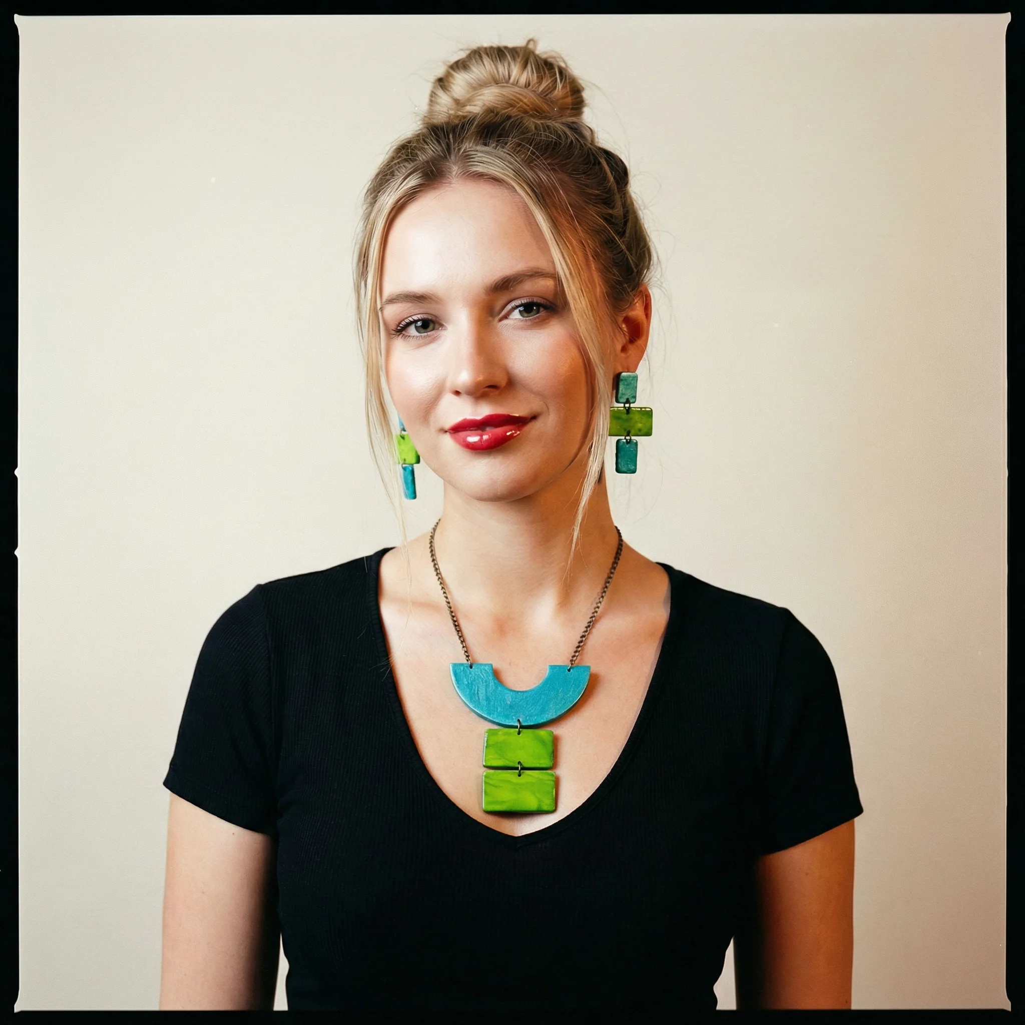 Chunky Geometric Statement Necklace, Post or Clip On Set – Handmade - Image 12