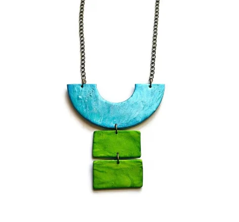 Chunky Geometric Statement Necklace, Post or Clip On Set – Handmade - Image 13