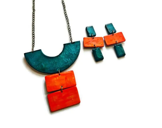 Chunky Geometric Statement Necklace, Post or Clip On Set – Handmade - Image 14