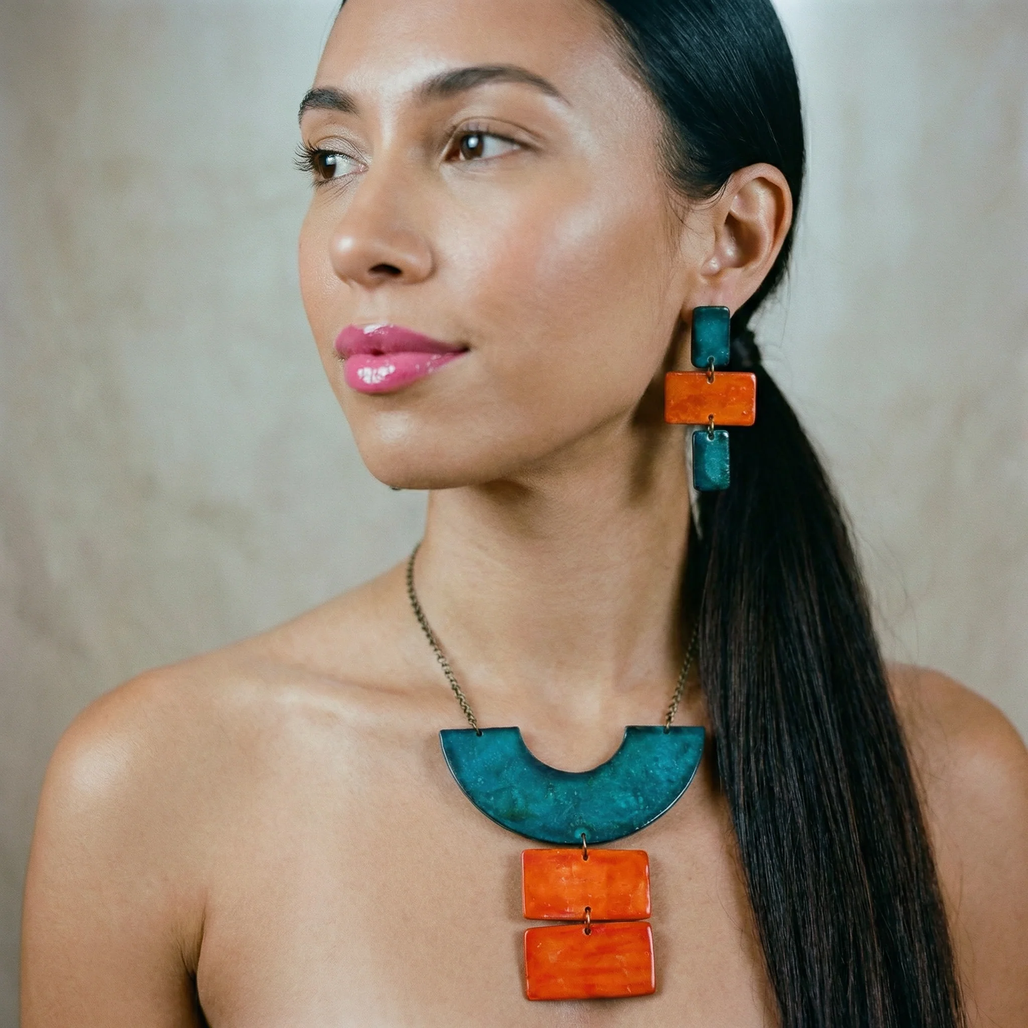 Chunky Geometric Statement Necklace, Post or Clip On Set – Handmade - Image 15