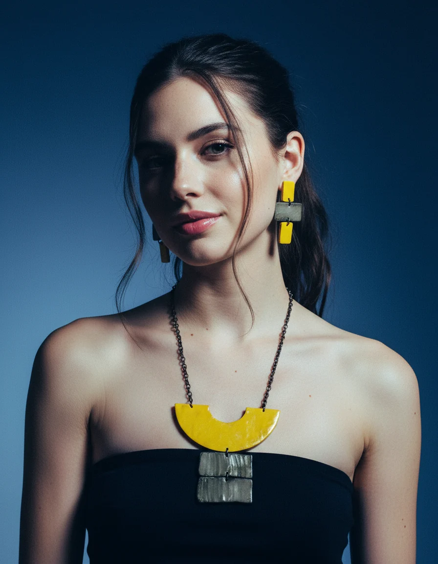 Chunky Geometric Statement Necklace, Post or Clip On Set – Handmade - Image 4