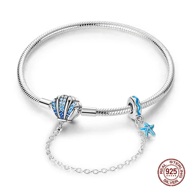 Sterling Silver Seashell Charm Bracelet with Blue CZ Gradient - Image 7