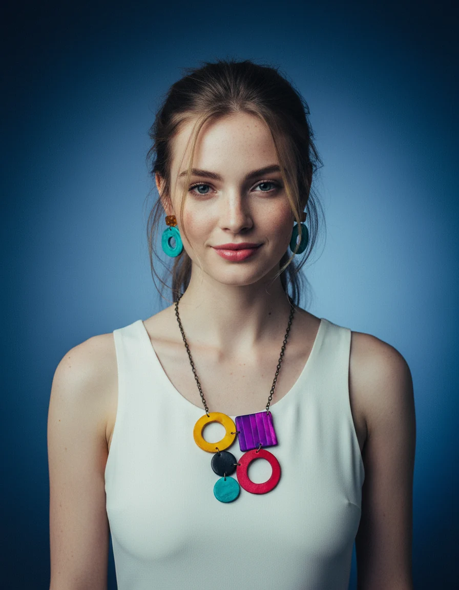 Colorful Geometric Necklace with Turquoise Hoop Earrings, Polymer Clay Jewelry Set Hand Painted - Image 2