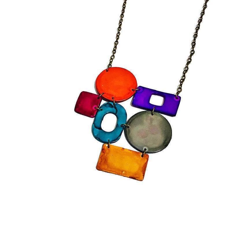Colorful Geometric Statement Necklace, Handmade Polymer Clay - Image 2