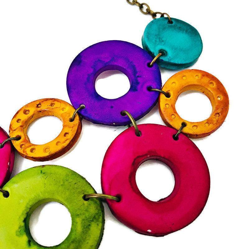 Colorful Linked Circle Statement Necklace, Handmade Polymer Clay - Image 4
