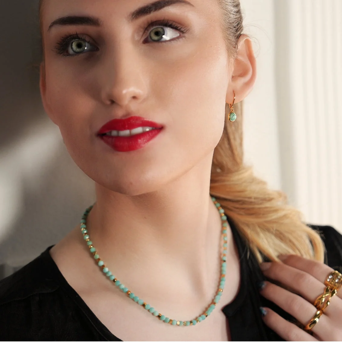 CONSTANCE: Amazonite Stones & Gold Beaded Necklace - Image 2