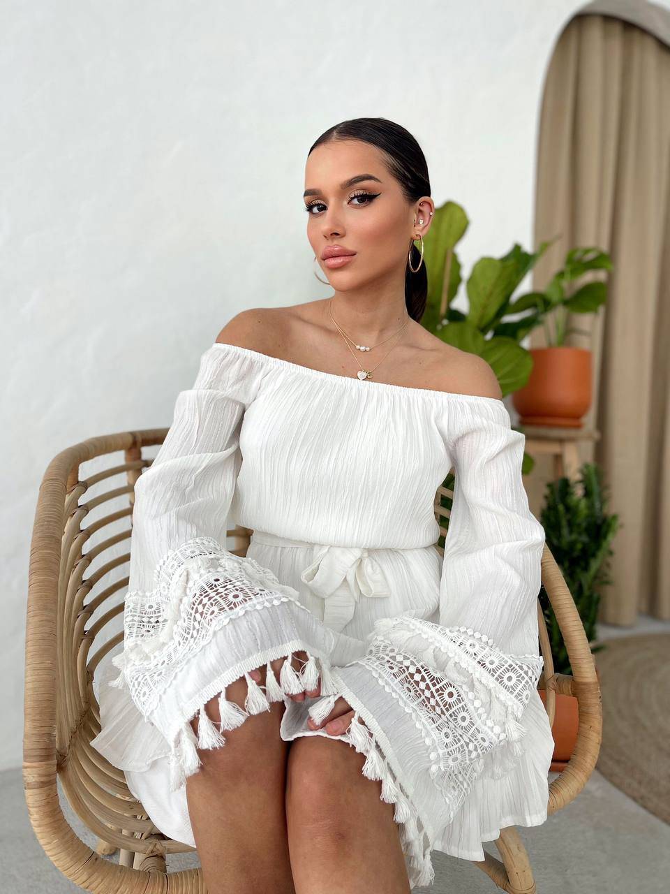 Cotton Dress with Very Long Sleeve - White - Image 2