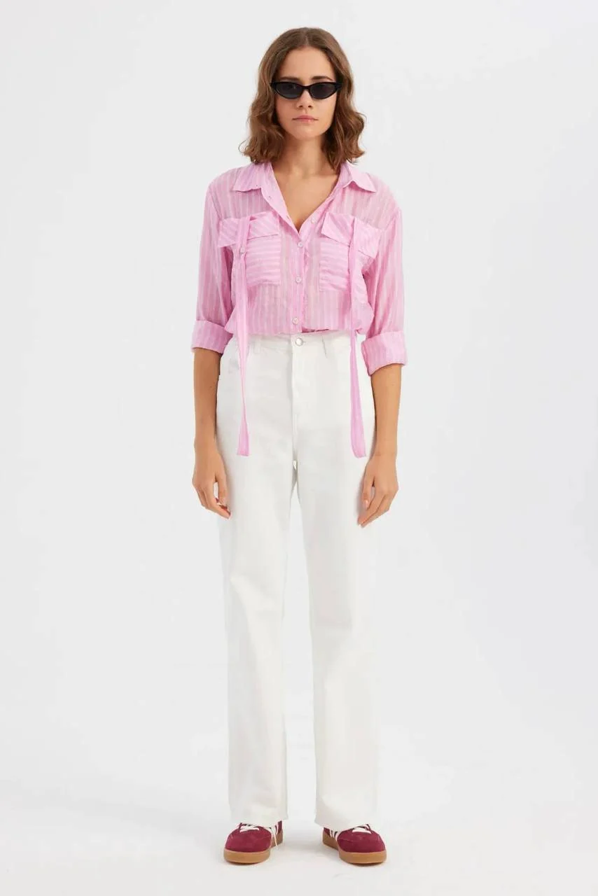 Cotton Stripe Crop Shirt - pink - Image 2