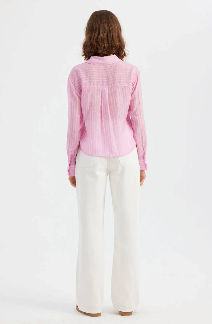 Cotton Stripe Crop Shirt - pink - Image 3