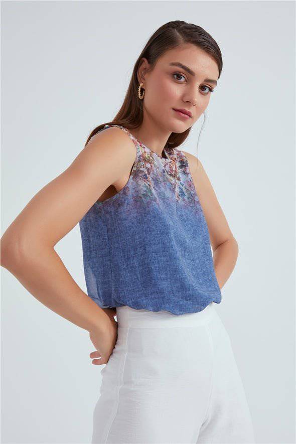 Crew Neck Ombre Floral Printed Georgette Top - Blue - Image 2