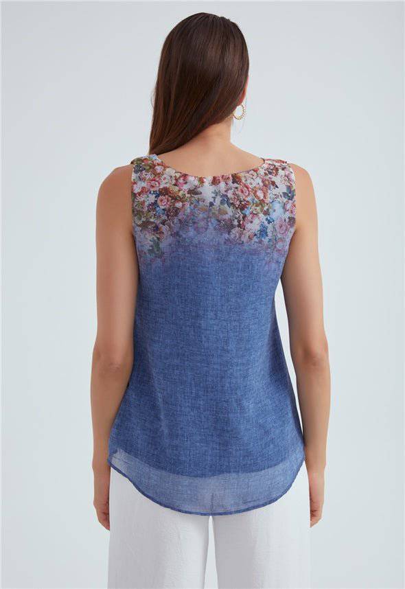 Crew Neck Ombre Floral Printed Georgette Top - Blue - Image 4