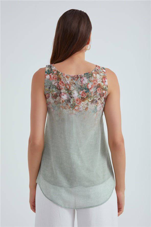 Crew Neck Ombre Floral Printed Georgette Top - Sage - Image 3