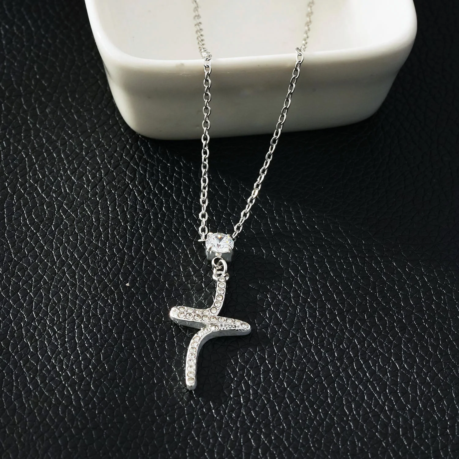 CRISTO Silver (White Gold): Dainty Chain Necklace with a Zirconia Embedded Abstract Textured Cross Pendent - Image 12