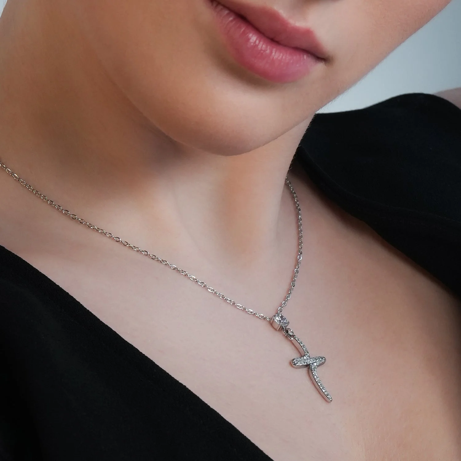 CRISTO Silver (White Gold): Dainty Chain Necklace with a Zirconia Embedded Abstract Textured Cross Pendent - Image 9
