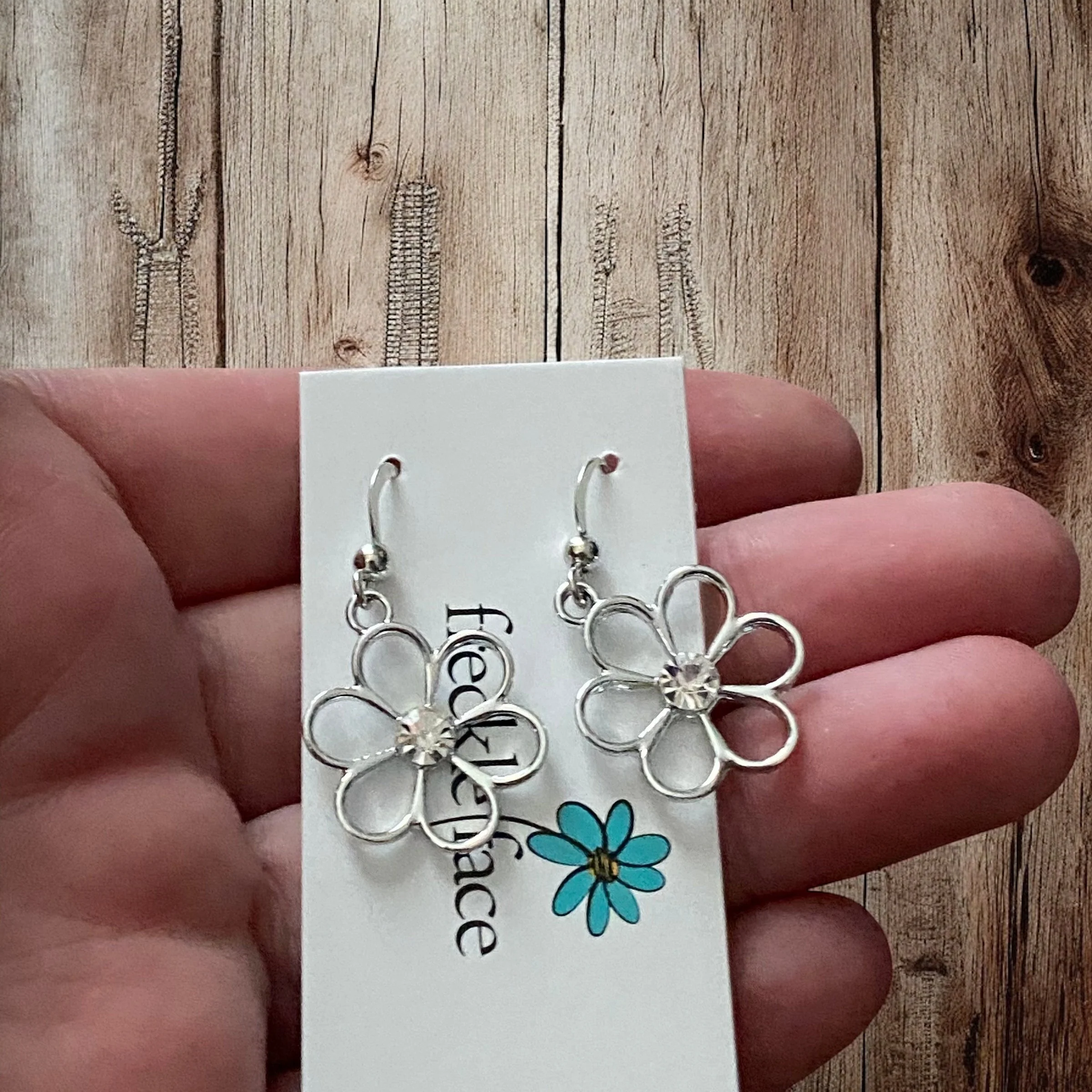 Cutie Patootie Flower Earrings – Silver Floral Dangles with Rhinestone Center - Image 4