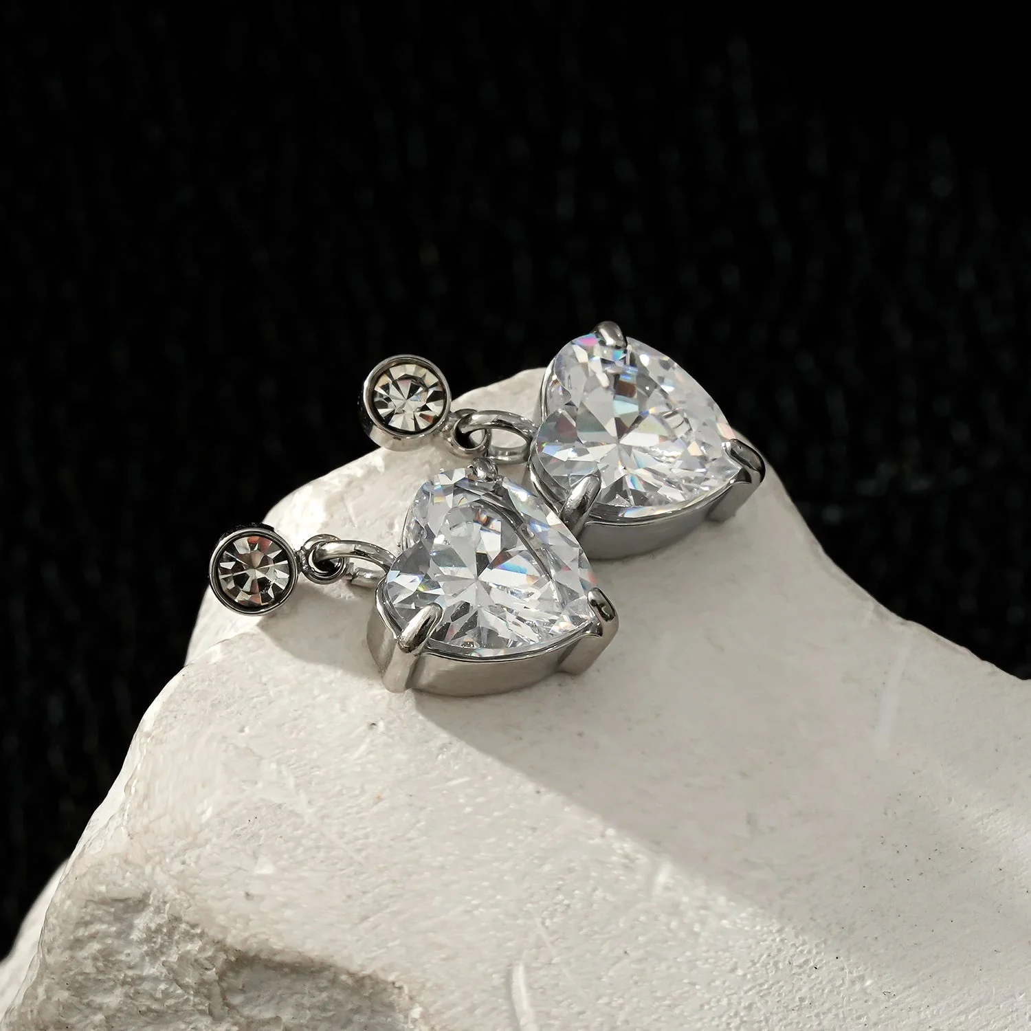 DAROCCA Silver (White Gold): Large Heart Shaped & Mini Solitaire Round Shaped Zirconia Combo Studs - Image 7