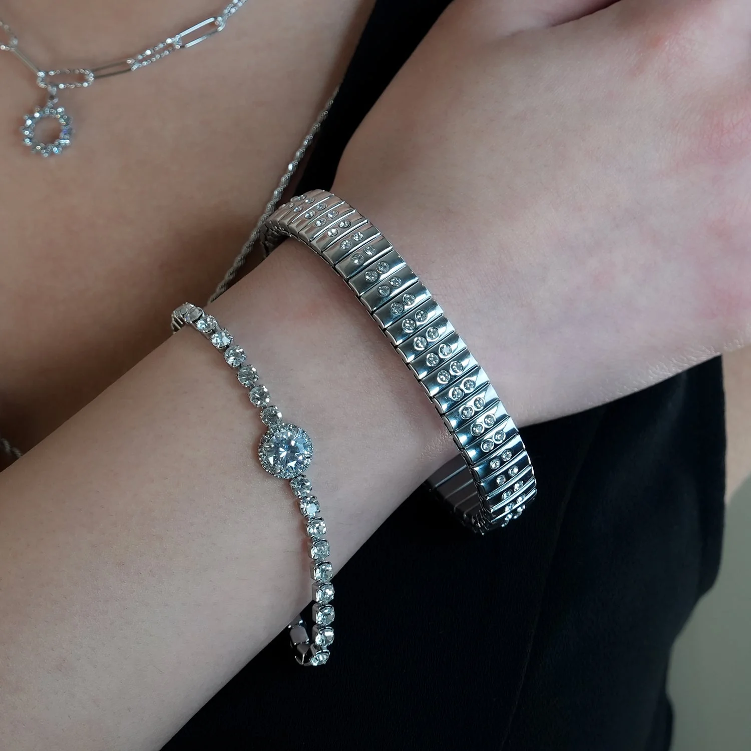 DE SAO: Retro Watch Style Strap Bracelet in Silver Embedded with a Double Row of Zirconia (CZ) Gemstones. - Image 10