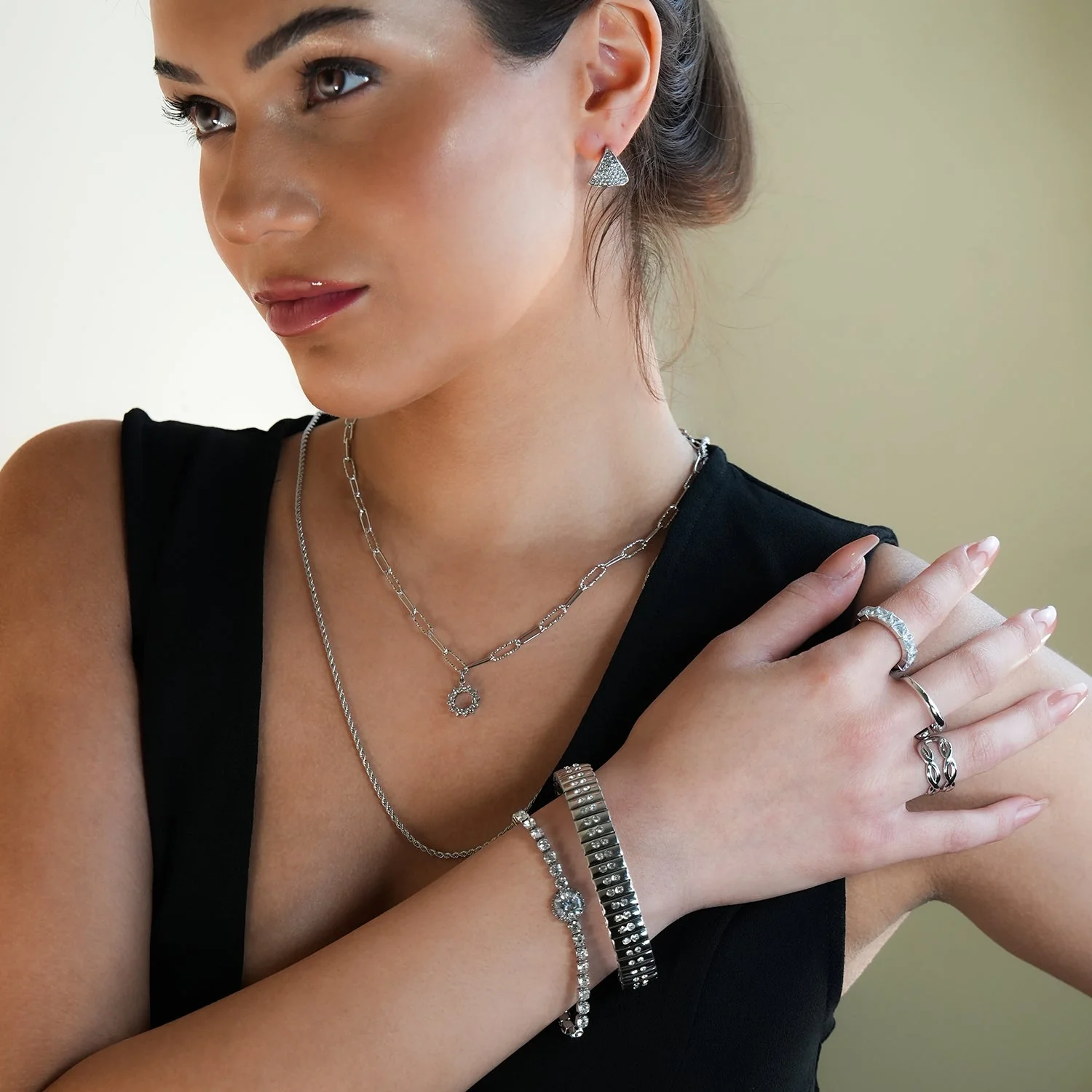 DE SAO: Retro Watch Style Strap Bracelet in Silver Embedded with a Double Row of Zirconia (CZ) Gemstones. - Image 2