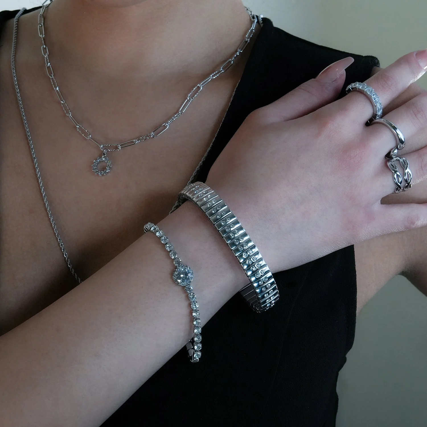 DE SAO: Retro Watch Style Strap Bracelet in Silver Embedded with a Double Row of Zirconia (CZ) Gemstones. - Image 4