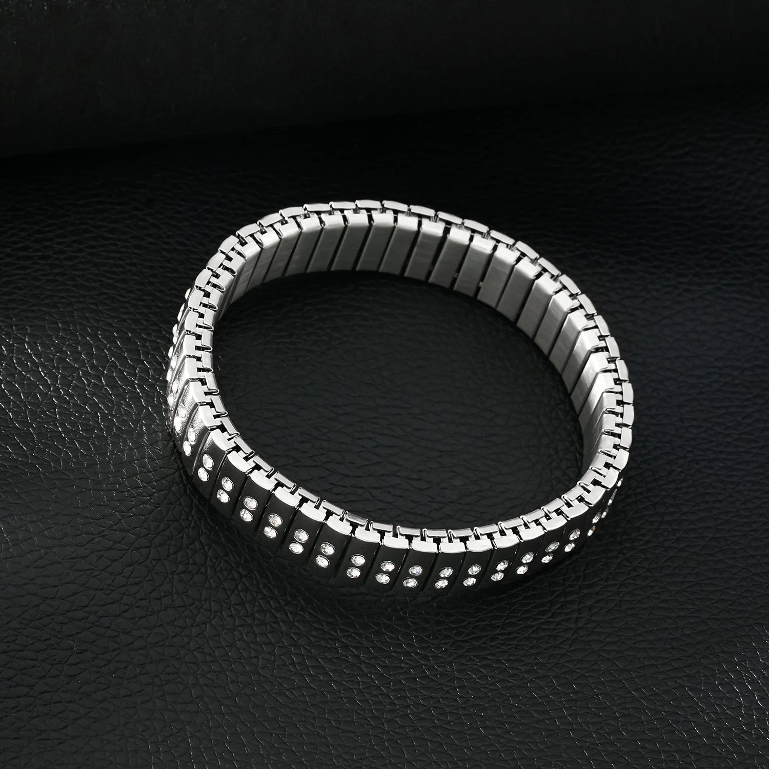 DE SAO: Retro Watch Style Strap Bracelet in Silver Embedded with a Double Row of Zirconia (CZ) Gemstones. - Image 5