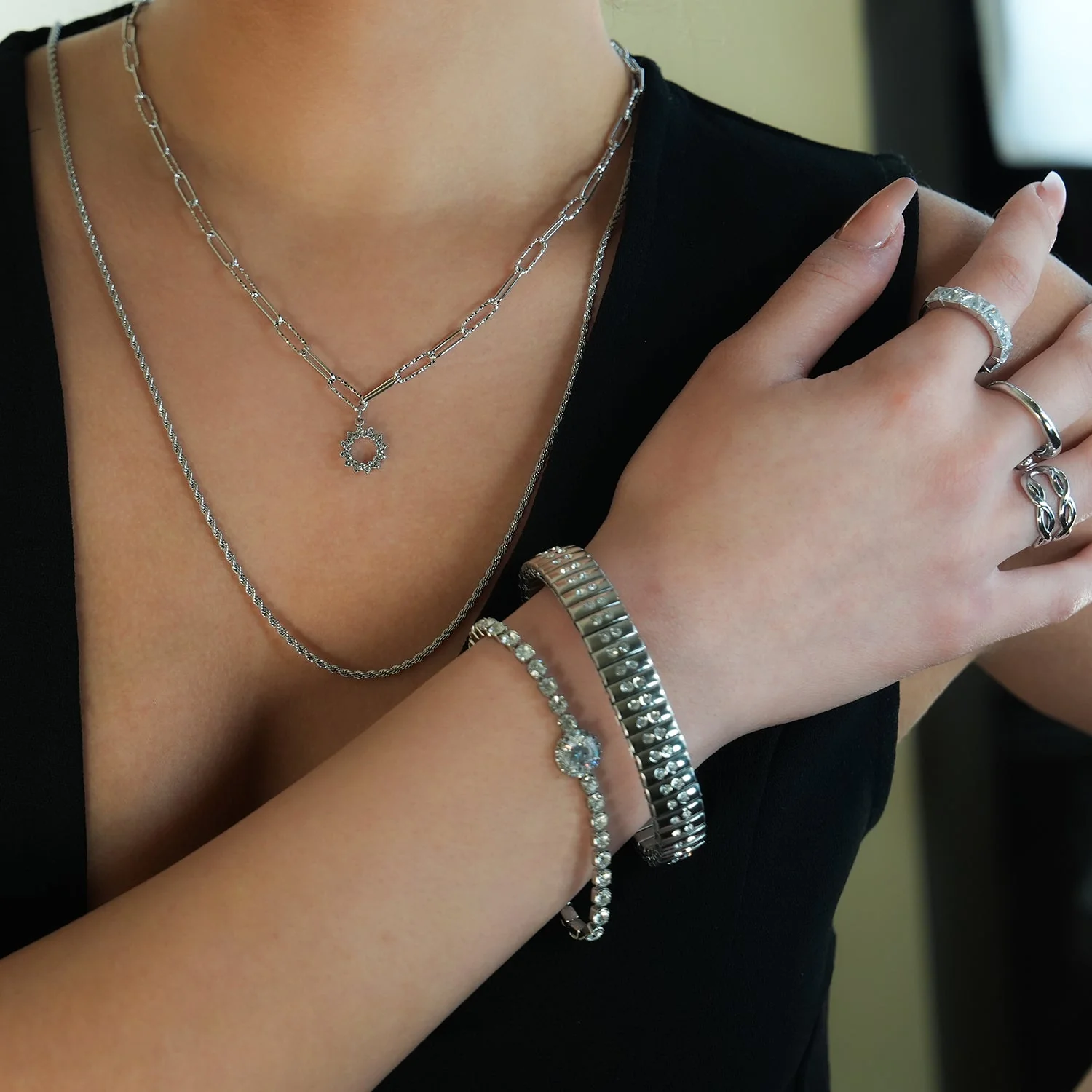 DE SAO: Retro Watch Style Strap Bracelet in Silver Embedded with a Double Row of Zirconia (CZ) Gemstones. - Image 6