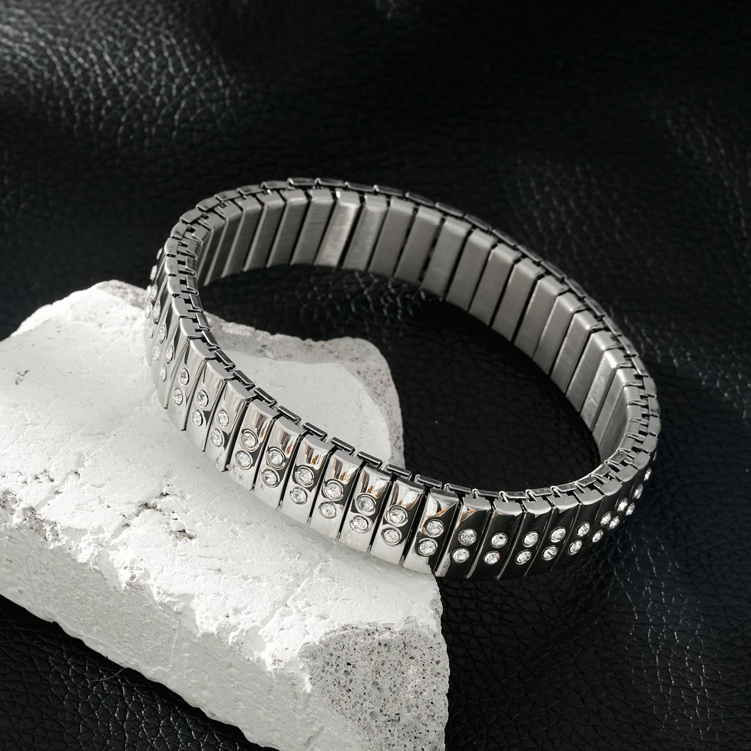 DE SAO: Retro Watch Style Strap Bracelet in Silver Embedded with a Double Row of Zirconia (CZ) Gemstones. - Image 7