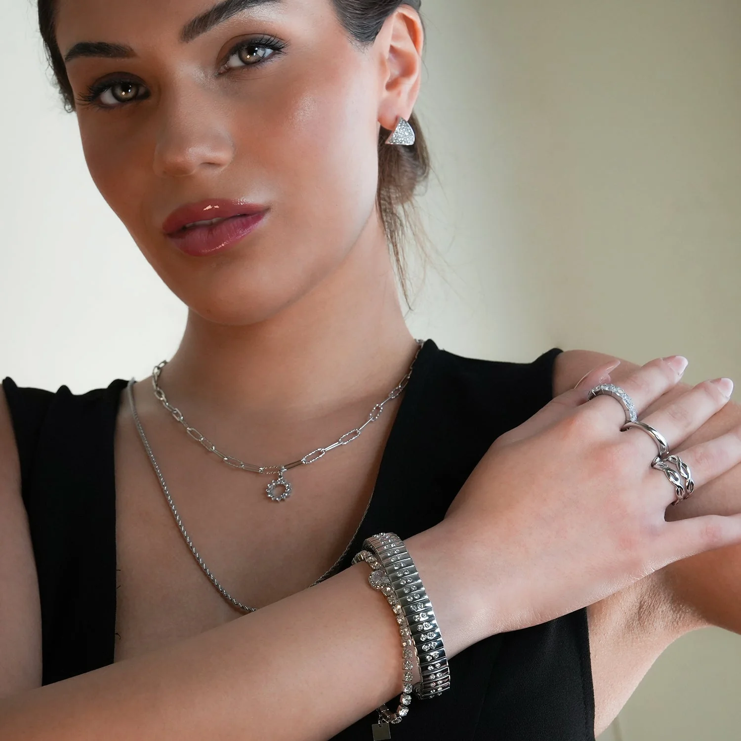 DE SAO: Retro Watch Style Strap Bracelet in Silver Embedded with a Double Row of Zirconia (CZ) Gemstones. - Image 8