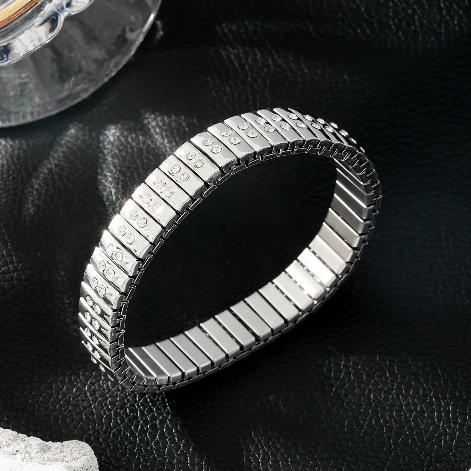 DE SAO: Retro Watch Style Strap Bracelet in Silver Embedded with a Double Row of Zirconia (CZ) Gemstones. - Image 9