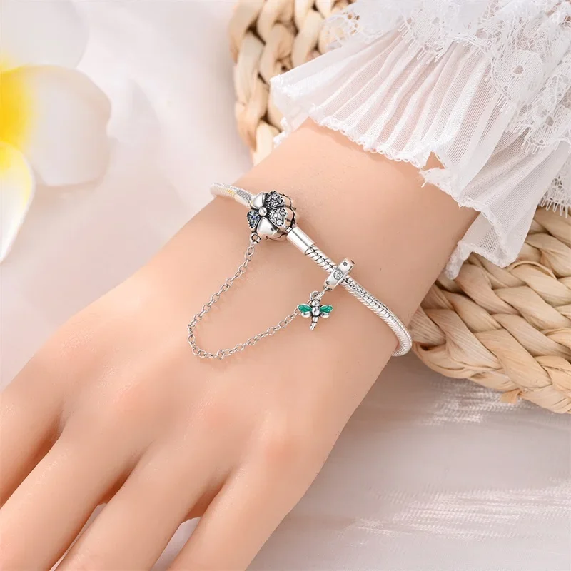Sterling Silver Clover & Dragonfly Charm Bracelet with Safety Chain - Image 2
