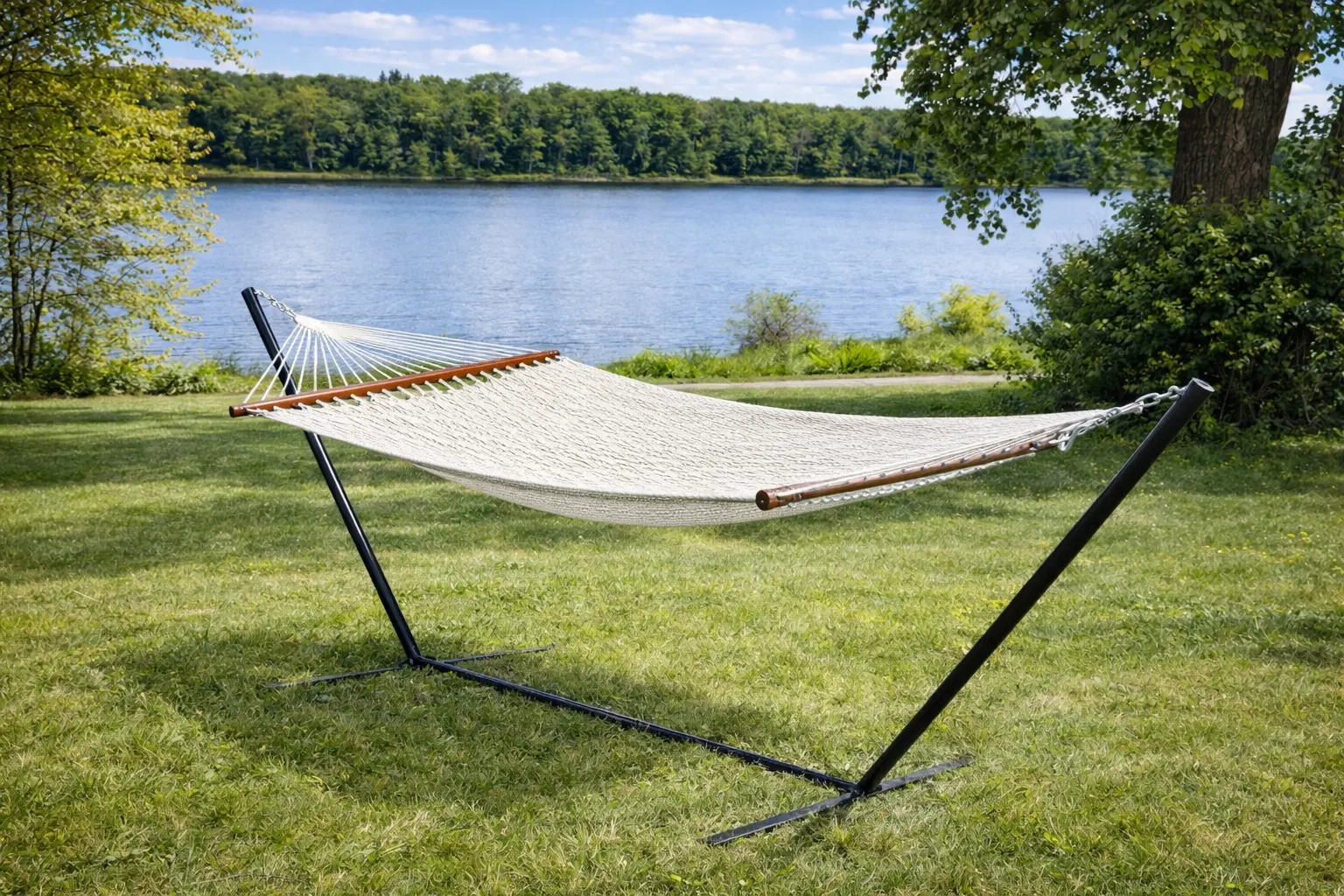 Deluxe Polyester Rope Hammock with 3-Beam Stand - Image 8