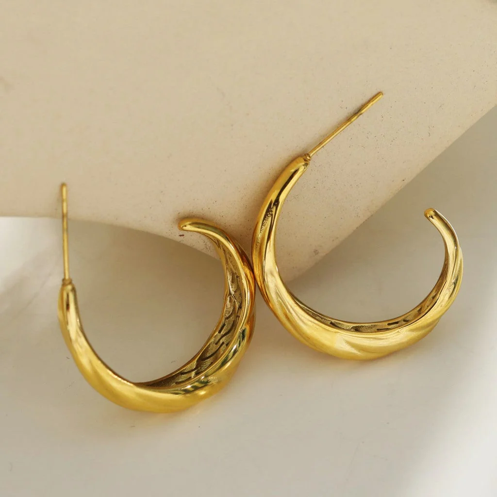 DORSINA Textured Lines Hoop Gold Earrings. Inspired by Nature. - Image 5
