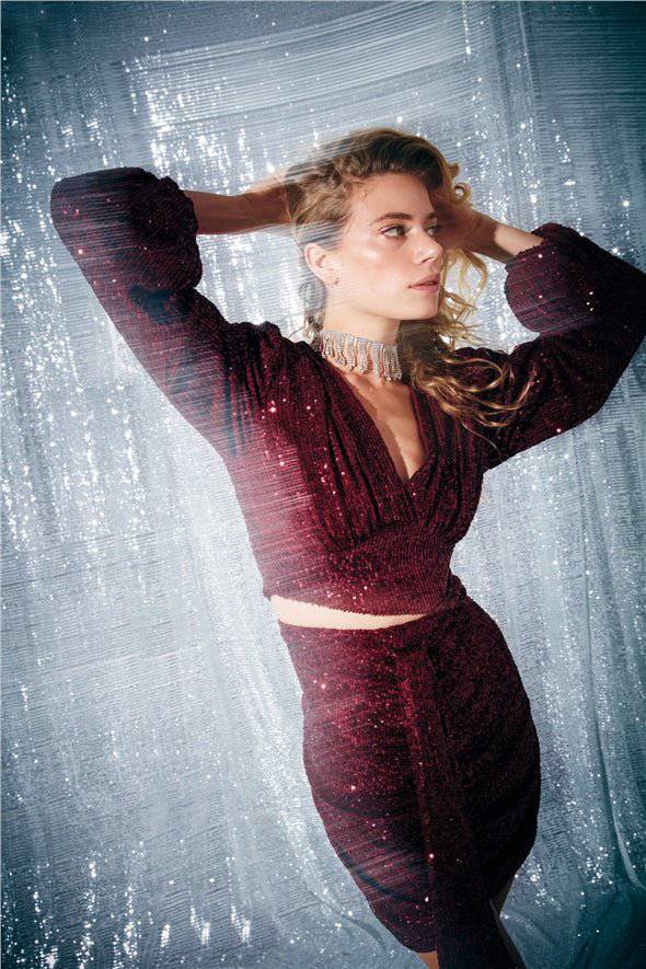 Double Breasted Sequined Wrap Crop Blouse - Red - Image 2