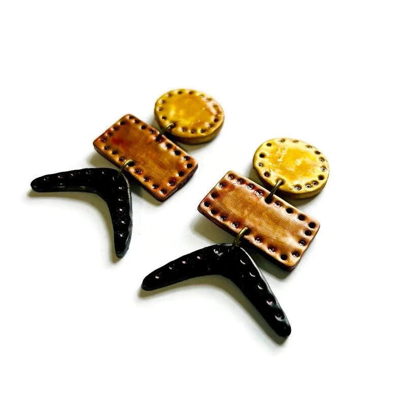 Edgy Geometric Earrings in Gold, Copper & Black with Post or Clip On - Image 2