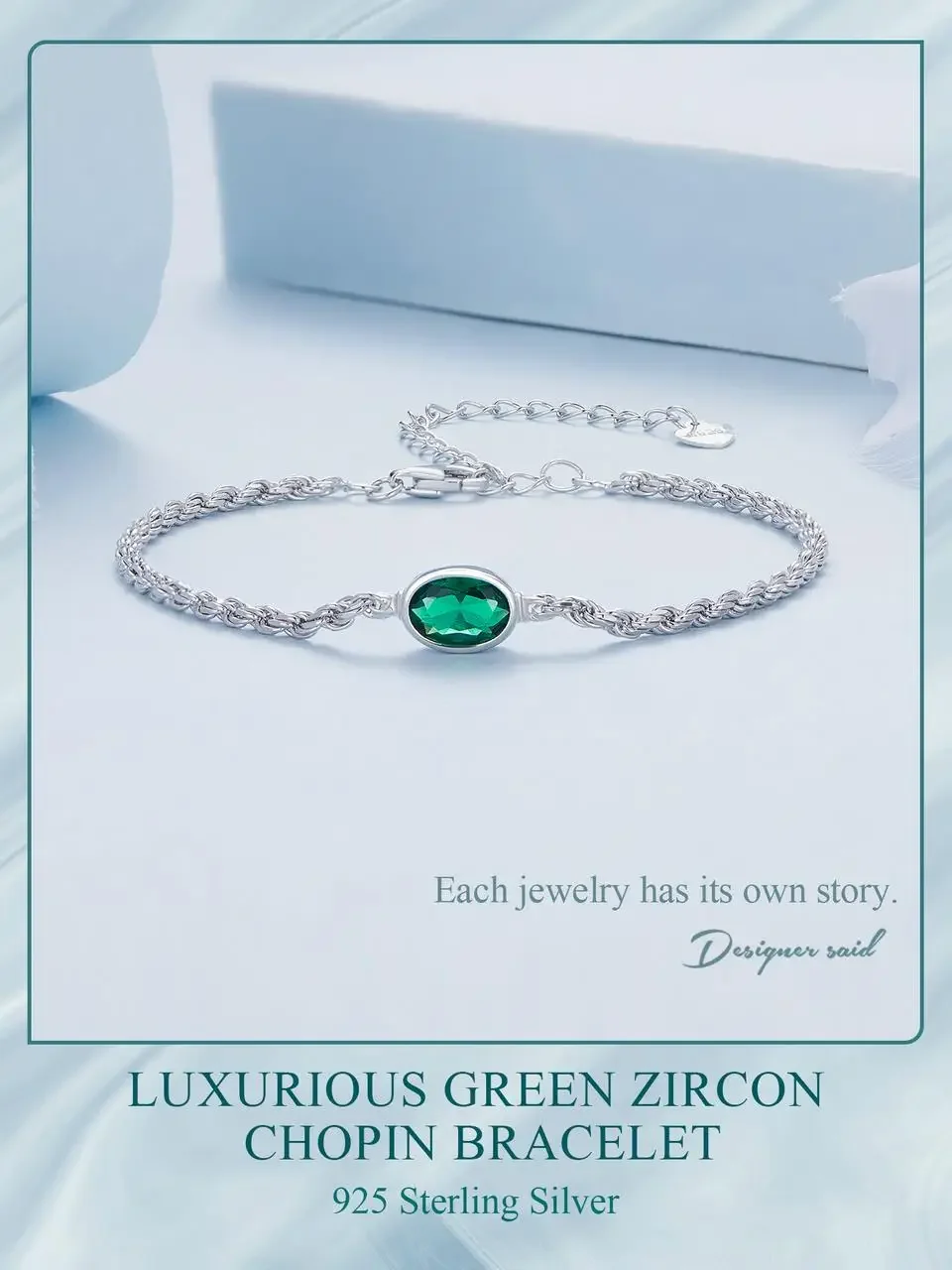 Sterling Silver Chopin Bracelet with Green Zircon – Adjustable - Image 4