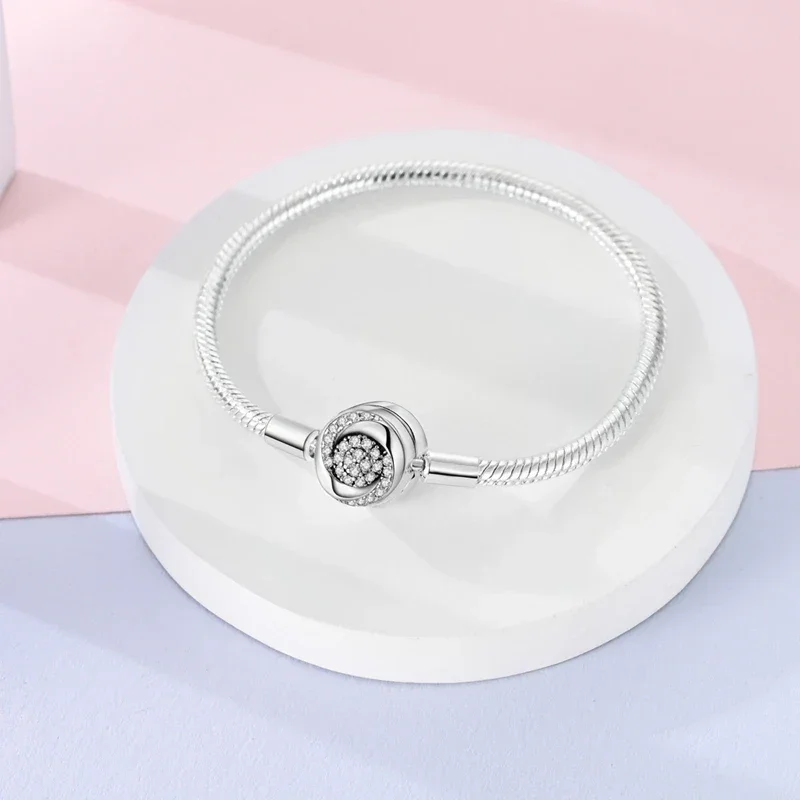 Sterling Silver Snake Chain Bracelet with Rose CZ Clasp - Image 3