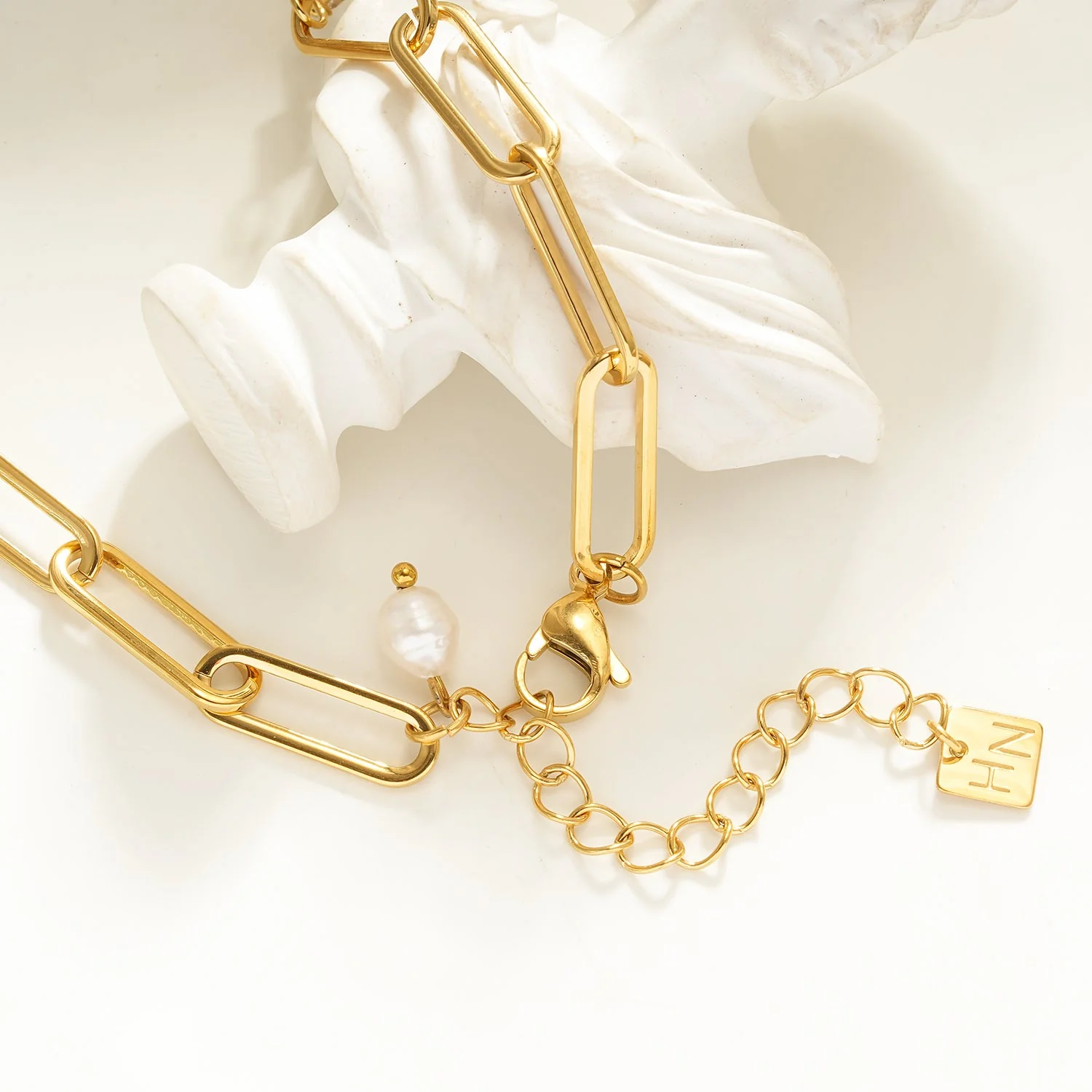 ELOPPINA Gold Necklace: Paper Clip Chain with Zirconia Accents & a Freshwater Pearl Charm - Image 7